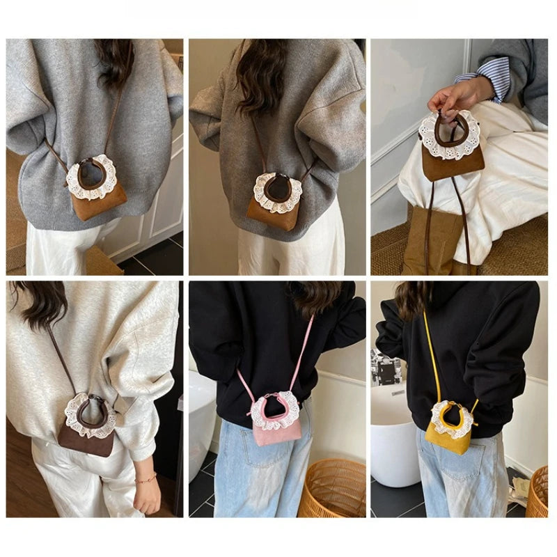 Mini Crossbody Bag with Lace Trim Vintage Denim Small Handbag for Women Lady Cute Casual Phone Bag Female Sling Shoulder Purse