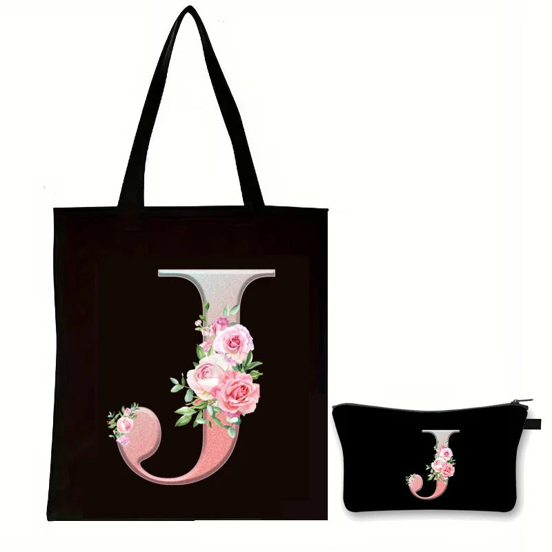 Rose Floral Letter Zipper Makeup Pouch Travel Essentials Storage Tote Bag Women Vintage Flower Alphabet Handbag Cosmetic Bag Set