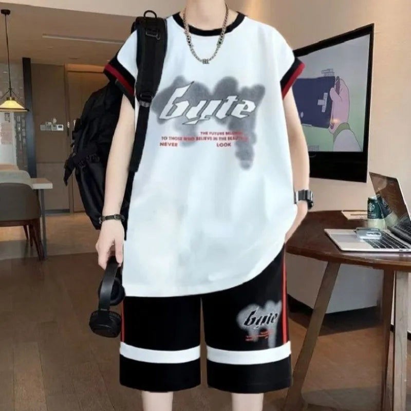 Men's Summer Hong Kong Style Sleeveless Tank Top Set 2025 New Streetwear Loose Fit Teens Casual Two Piece Outfit