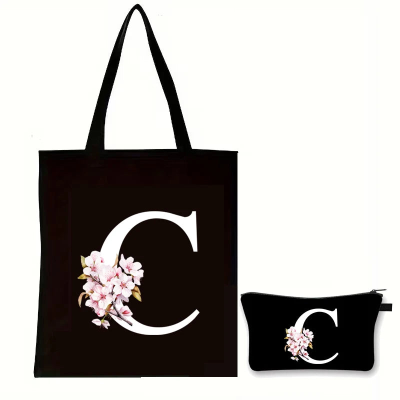 Cherry Blossom Initials Alphabet Cosmetic Bags Women Vintage Floral Letter A-Z Handbag Fashion Girl Makeup Bag Shoulder Bags Set