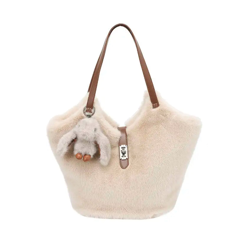 New Fur Shoulder Bag with Rabbit Plush Charm Zipper Closure Soft Texture Casual Fashion Large Capacity Handbag Unisex Minimalist