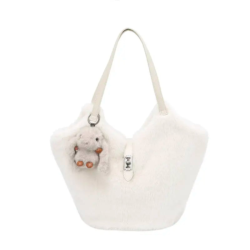 New Fur Shoulder Bag with Rabbit Plush Charm Zipper Closure Soft Texture Casual Fashion Large Capacity Handbag Unisex Minimalist