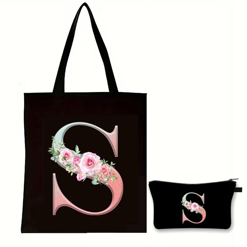 Rose Floral Letter Zipper Makeup Pouch Travel Essentials Storage Tote Bag Women Vintage Flower Alphabet Handbag Cosmetic Bag Set