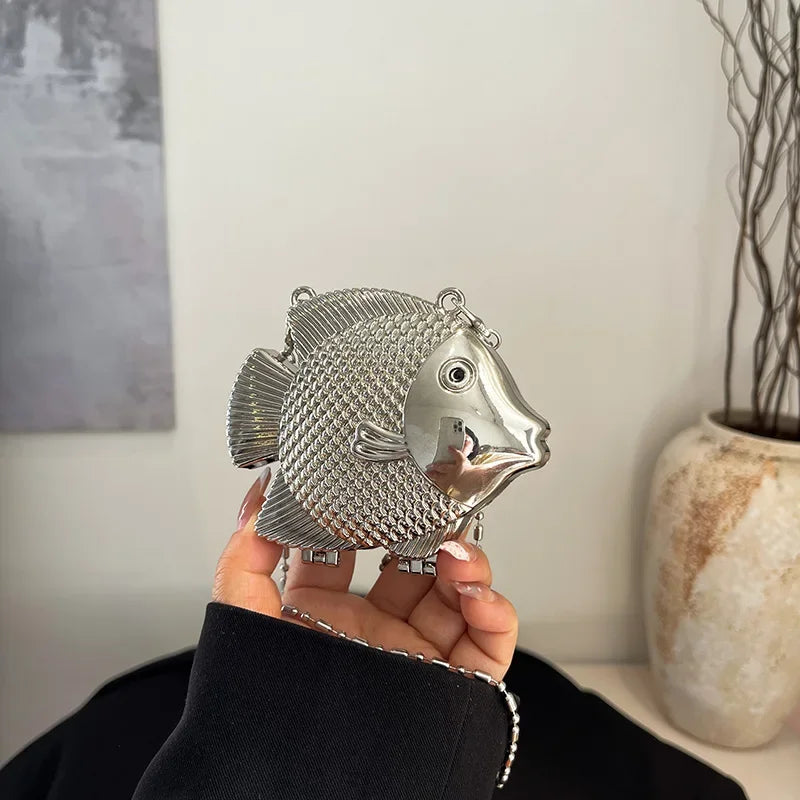Cute Little Fish Shape Metal Mini Shoulder Crossbody Bag Lady Fashion Lipstick Bag Gold Silver Purse Handbag Evening Clutch Bag