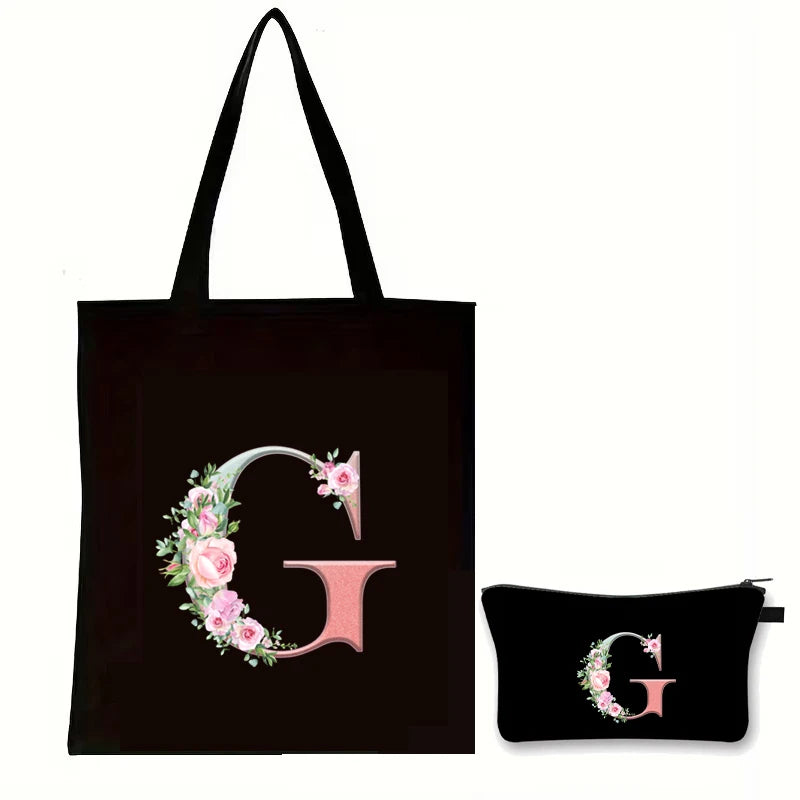 Rose Floral Letter Zipper Makeup Pouch Travel Essentials Storage Tote Bag Women Vintage Flower Alphabet Handbag Cosmetic Bag Set