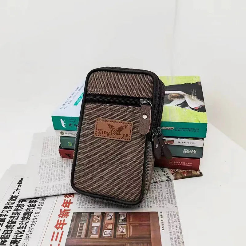 Wear-resistant canvas waist bag for men wearing belts, horizontal and vertical waist-hanging wallet, outdoor work waist bag