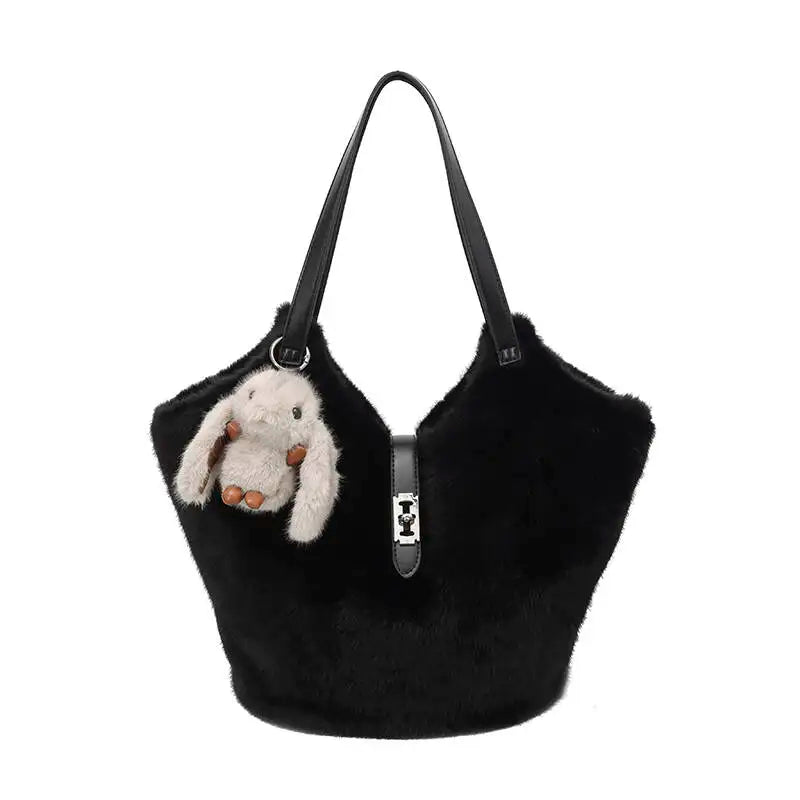 New Fur Shoulder Bag with Rabbit Plush Charm Zipper Closure Soft Texture Casual Fashion Large Capacity Handbag Unisex Minimalist