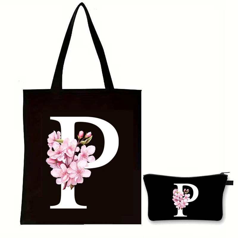 Cherry Blossom Initials Alphabet Cosmetic Bags Women Vintage Floral Letter A-Z Handbag Fashion Girl Makeup Bag Shoulder Bags Set