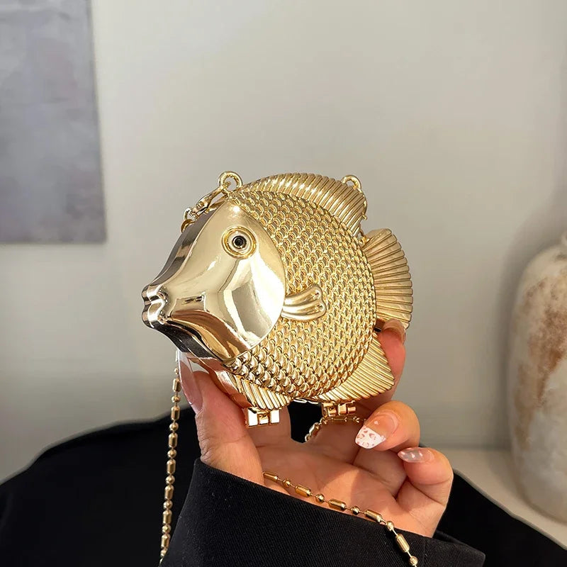 Cute Little Fish Shape Metal Mini Shoulder Crossbody Bag Lady Fashion Lipstick Bag Gold Silver Purse Handbag Evening Clutch Bag