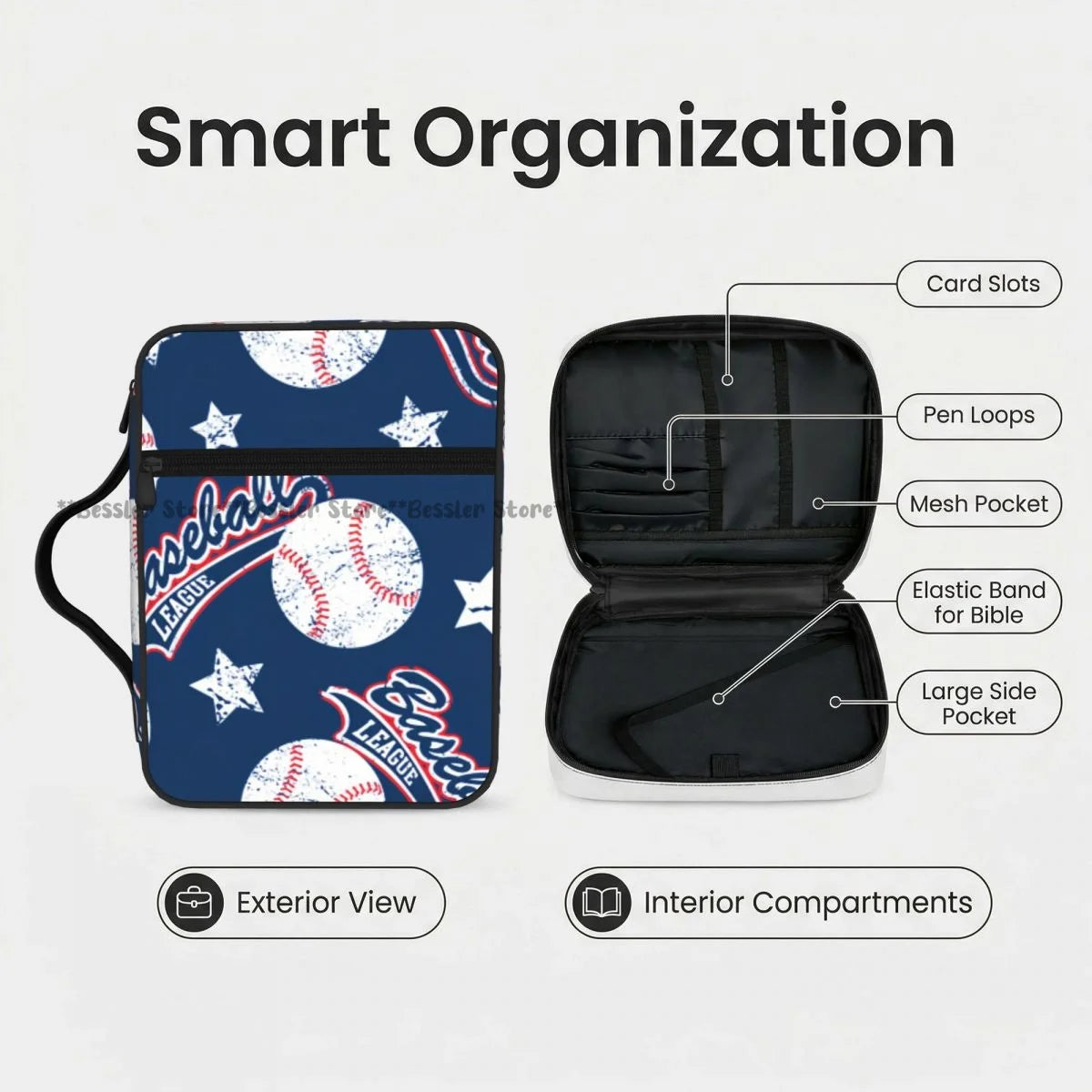 Bible Cover Carrying Book Case Church Bag Baseball Stars Bible Protective with Handle Zipper Pocket Tablet Handbag