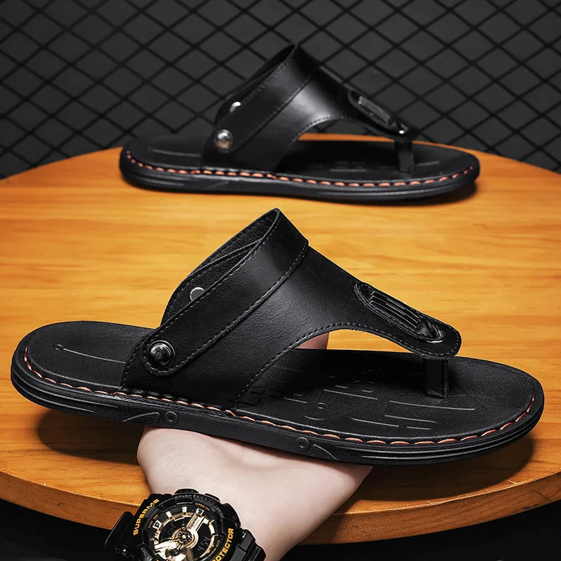 2025 New Men's Outerwear Beach Shoes, Korean-style Trendy Rubber Sandals, Summer Handmade Leather Sandals