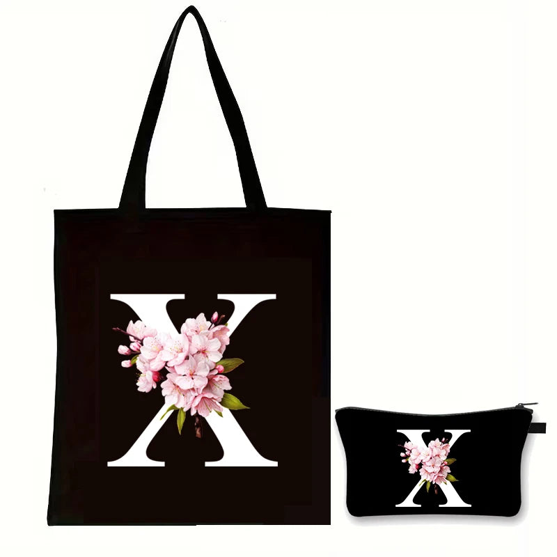 Cherry Blossom Initials Alphabet Cosmetic Bags Women Vintage Floral Letter A-Z Handbag Fashion Girl Makeup Bag Shoulder Bags Set