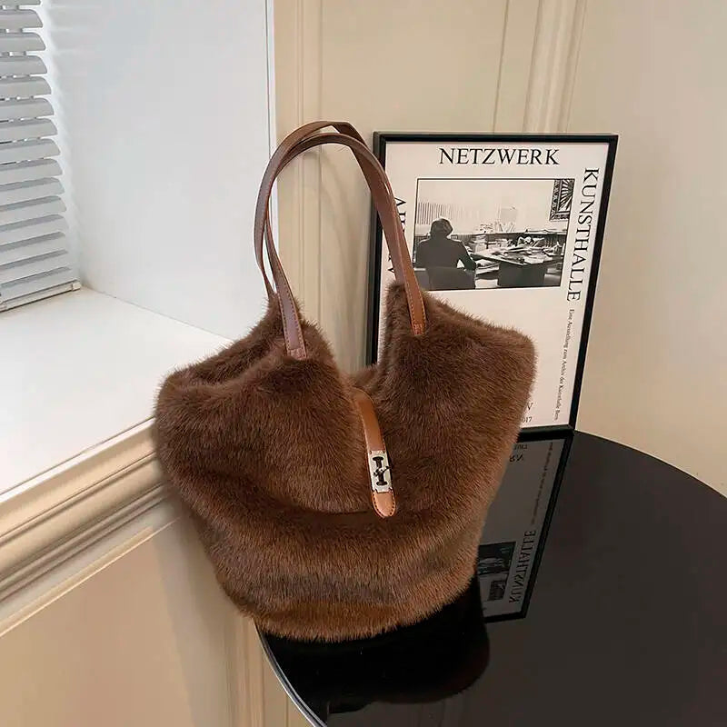 New Fur Shoulder Bag with Rabbit Plush Charm Zipper Closure Soft Texture Casual Fashion Large Capacity Handbag Unisex Minimalist