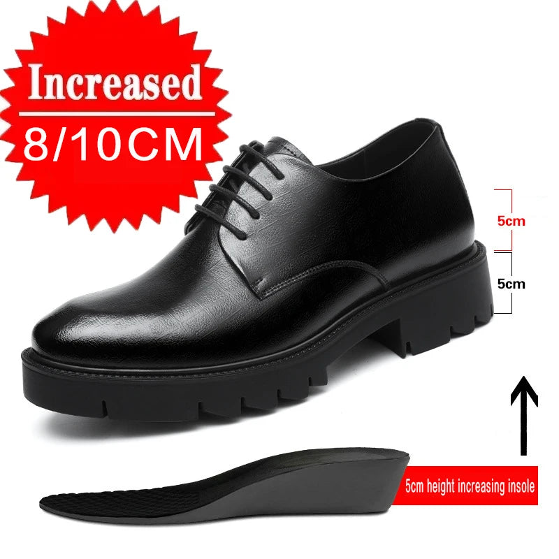 Men's Leather Elevator Shoes Invisible Height Increase 10CM 8CM Brogue Leather Shoes Men Black Formal Groom Wedding Shoes