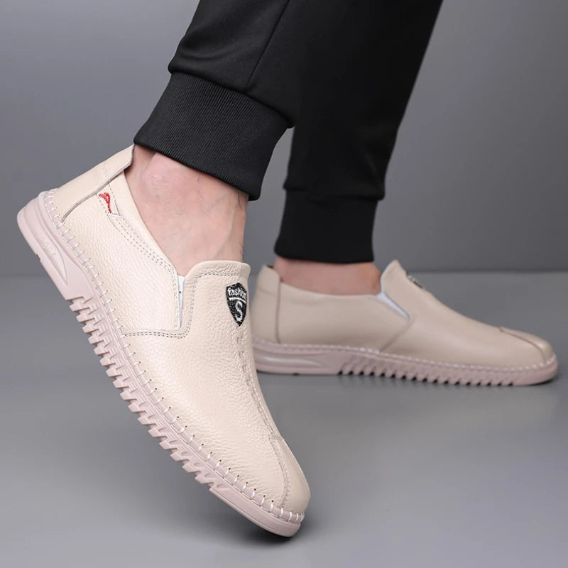 Men's Casual Leather Low-heeled Open-toe Slip-on Stylish All-weather Model Soft-soled Retro One-piece Large-sized New Loafers