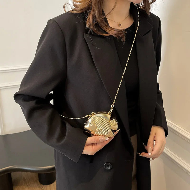Cute Little Fish Shape Metal Mini Shoulder Crossbody Bag Lady Fashion Lipstick Bag Gold Silver Purse Handbag Evening Clutch Bag