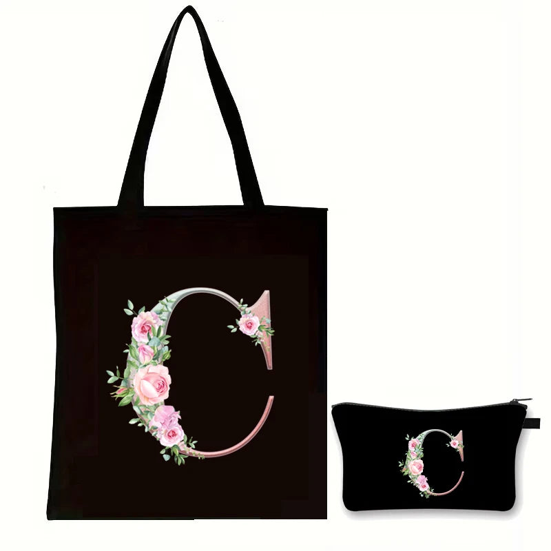 Rose Floral Letter Zipper Makeup Pouch Travel Essentials Storage Tote Bag Women Vintage Flower Alphabet Handbag Cosmetic Bag Set