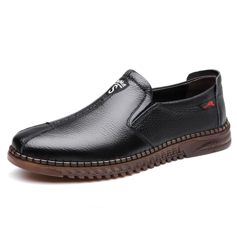 Men's Casual Leather Low-heeled Open-toe Slip-on Stylish All-weather Model Soft-soled Retro One-piece Large-sized New Loafers