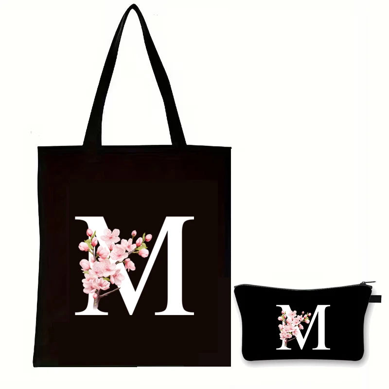 Cherry Blossom Initials Alphabet Cosmetic Bags Women Vintage Floral Letter A-Z Handbag Fashion Girl Makeup Bag Shoulder Bags Set