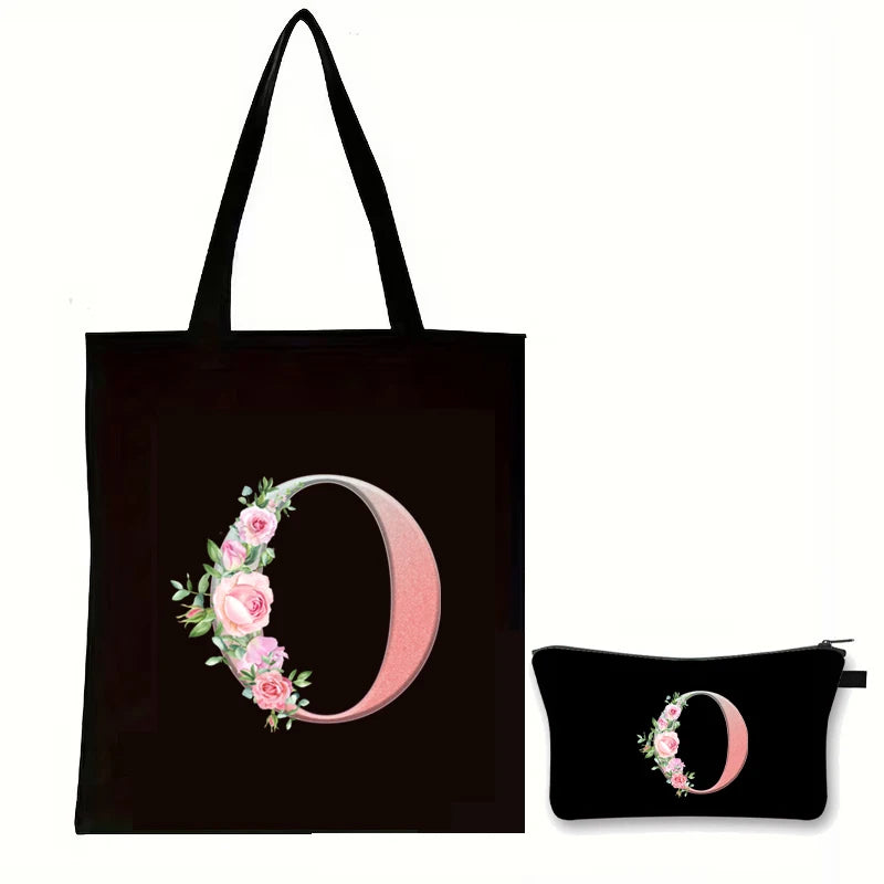 Rose Floral Letter Zipper Makeup Pouch Travel Essentials Storage Tote Bag Women Vintage Flower Alphabet Handbag Cosmetic Bag Set