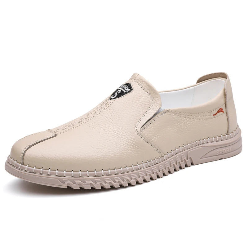Men's Casual Leather Low-heeled Open-toe Slip-on Stylish All-weather Model Soft-soled Retro One-piece Large-sized New Loafers