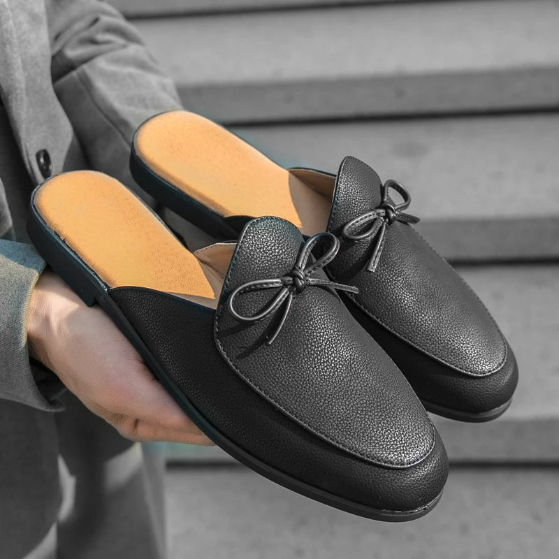 Men Fashion Slippers Men One Step Casual Comfortable Half Dragged Small Leather Shoes Men Outdoor Business Slippers Size 38-44