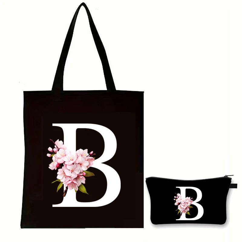 Cherry Blossom Initials Alphabet Cosmetic Bags Women Vintage Floral Letter A-Z Handbag Fashion Girl Makeup Bag Shoulder Bags Set