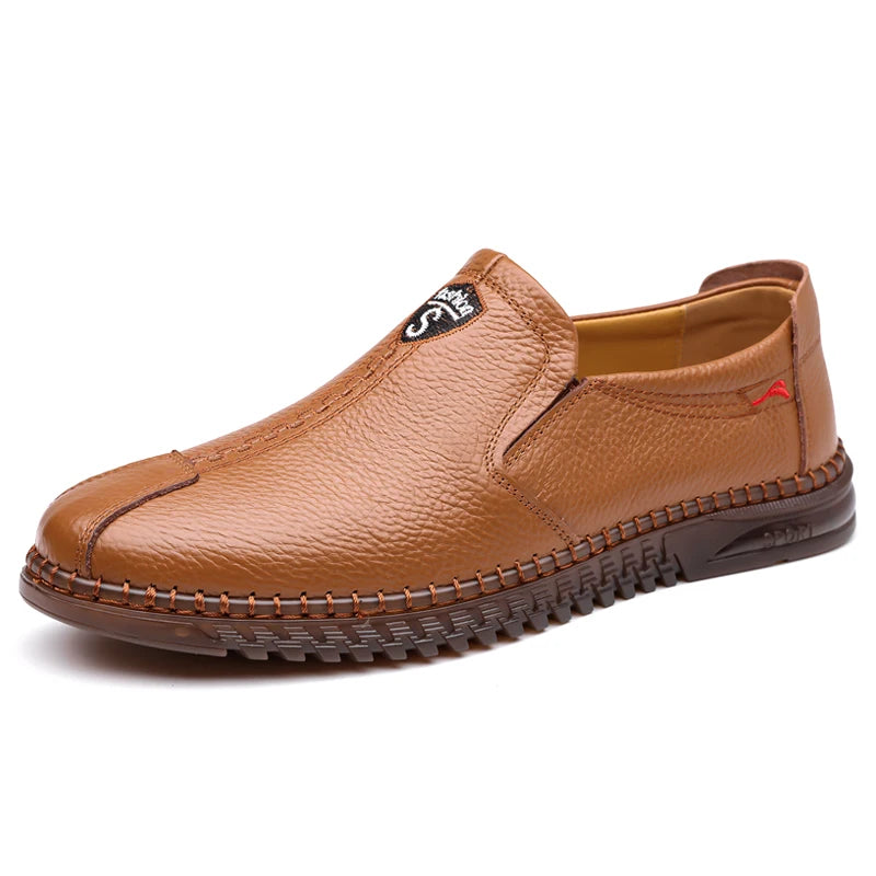 Men's Casual Leather Low-heeled Open-toe Slip-on Stylish All-weather Model Soft-soled Retro One-piece Large-sized New Loafers