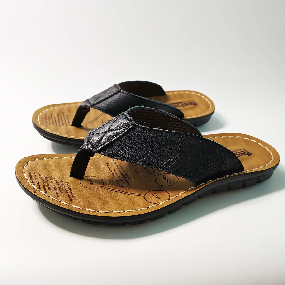 Summer Shoes Men Slippers Genuine Leather Mens Flip Flops Flat Mens Sandals Holiday Non-slip Black Khaki A673