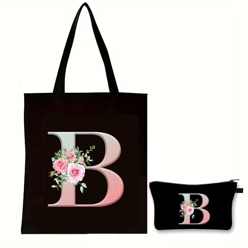 Rose Floral Letter Zipper Makeup Pouch Travel Essentials Storage Tote Bag Women Vintage Flower Alphabet Handbag Cosmetic Bag Set