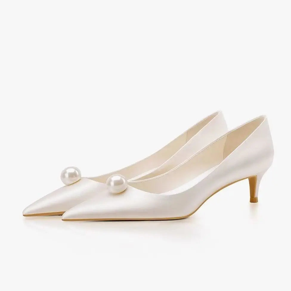 2026 New Luxury Designer White Satin Wedding Bridal Shoes Pearl High Heels Daily Fashion High Heels